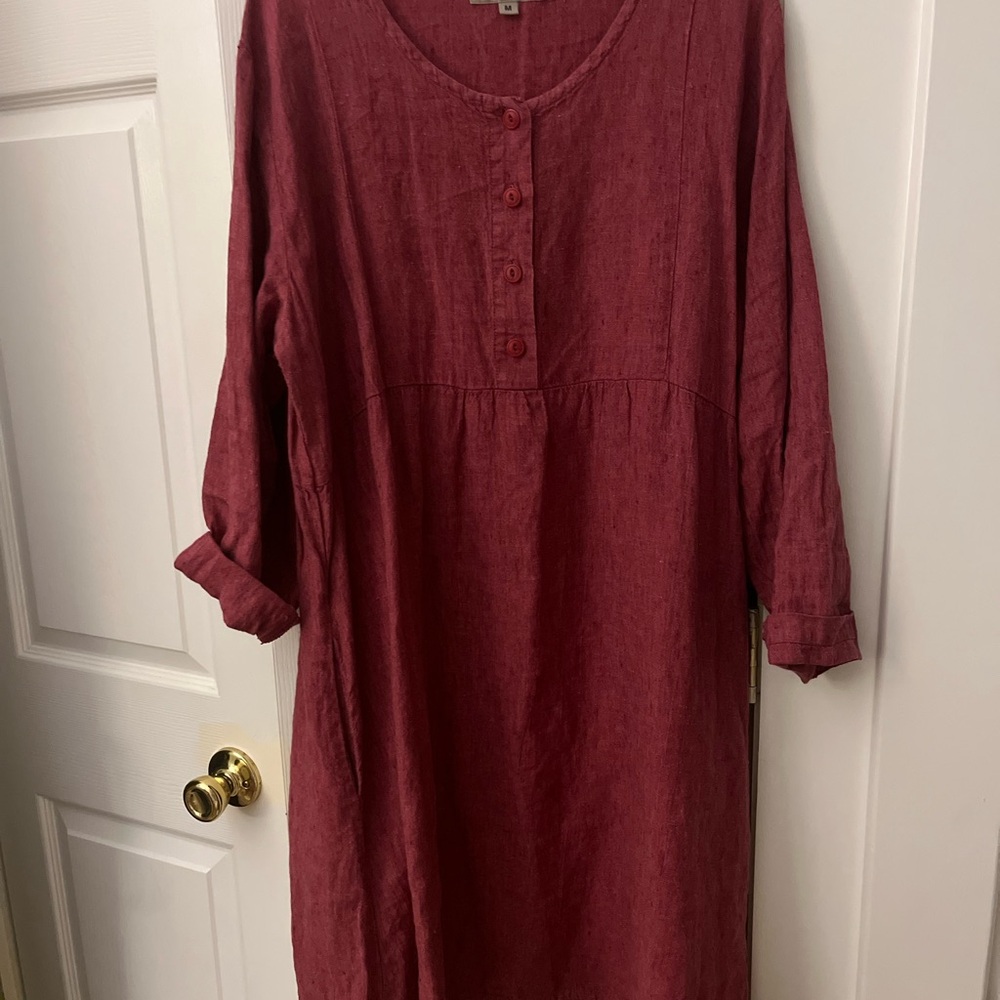 Flax Burgundy Half Button Linen Dress